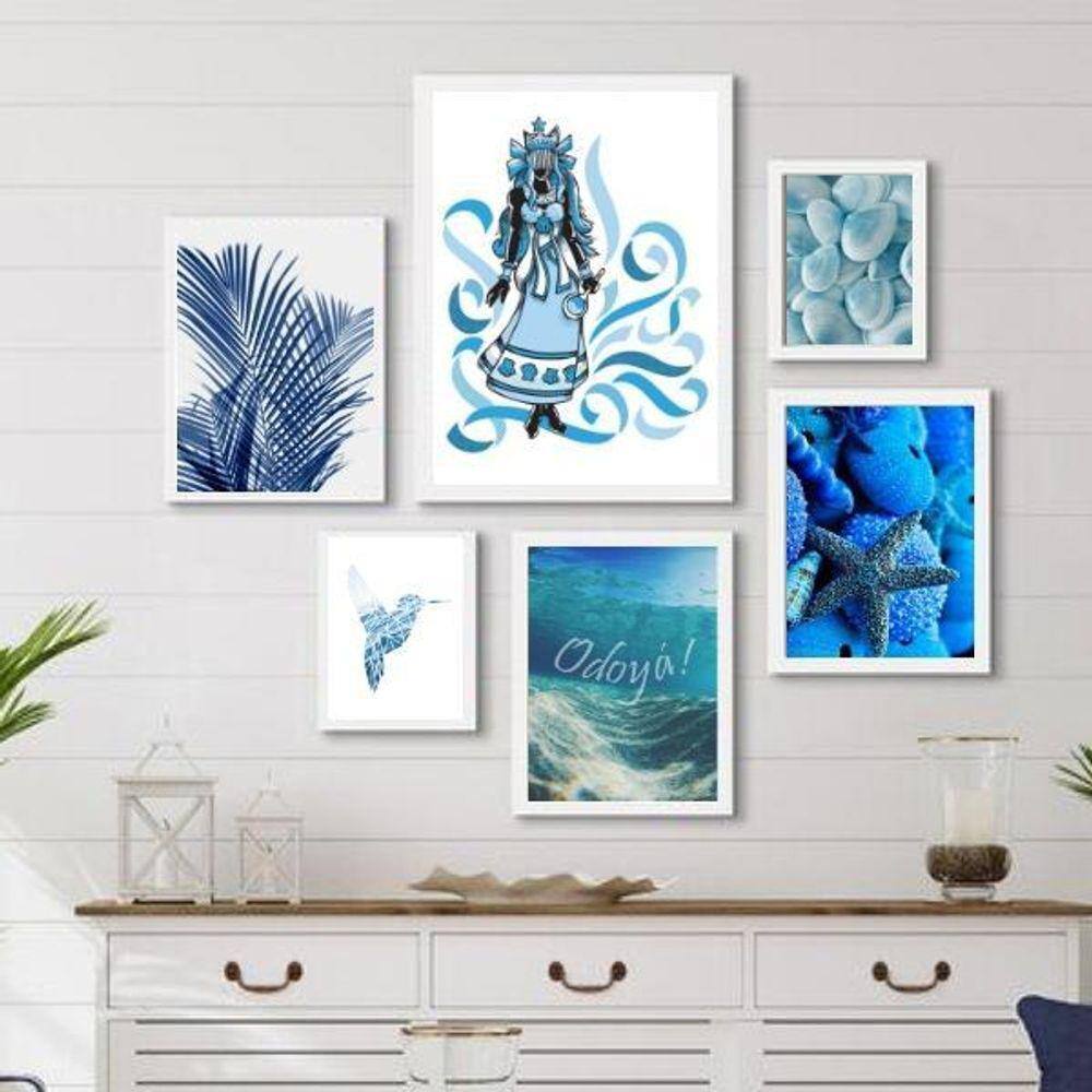 Kit 6 Quadros Decorativos Iemanjá Azul - Madeira Branca