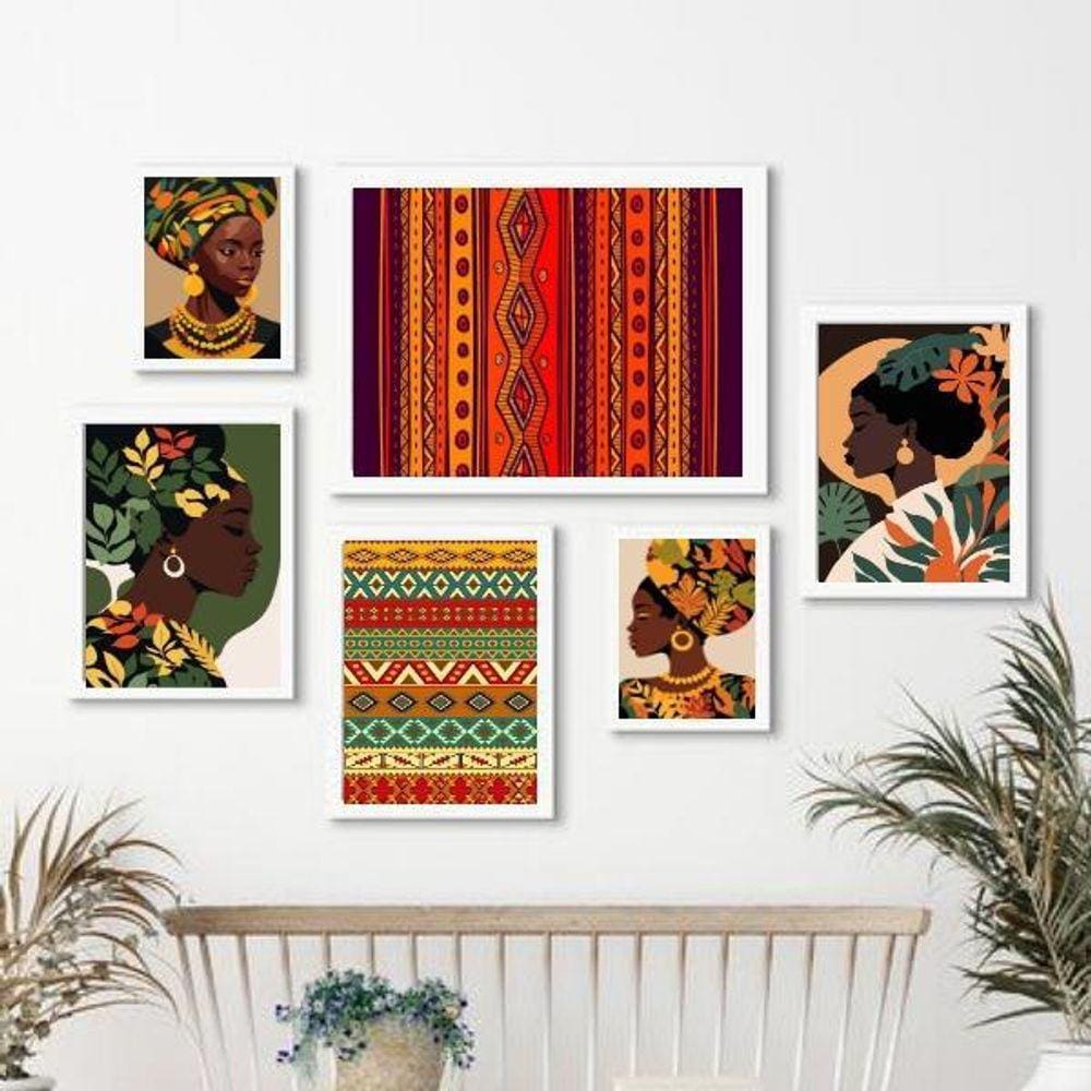 Kit 6 Quadros Estampas Africanas - Moldura Preta