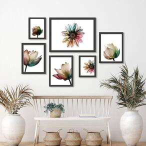 Kit 6 Quadros Florais - Moldura Madeira - 3 Tamanhos