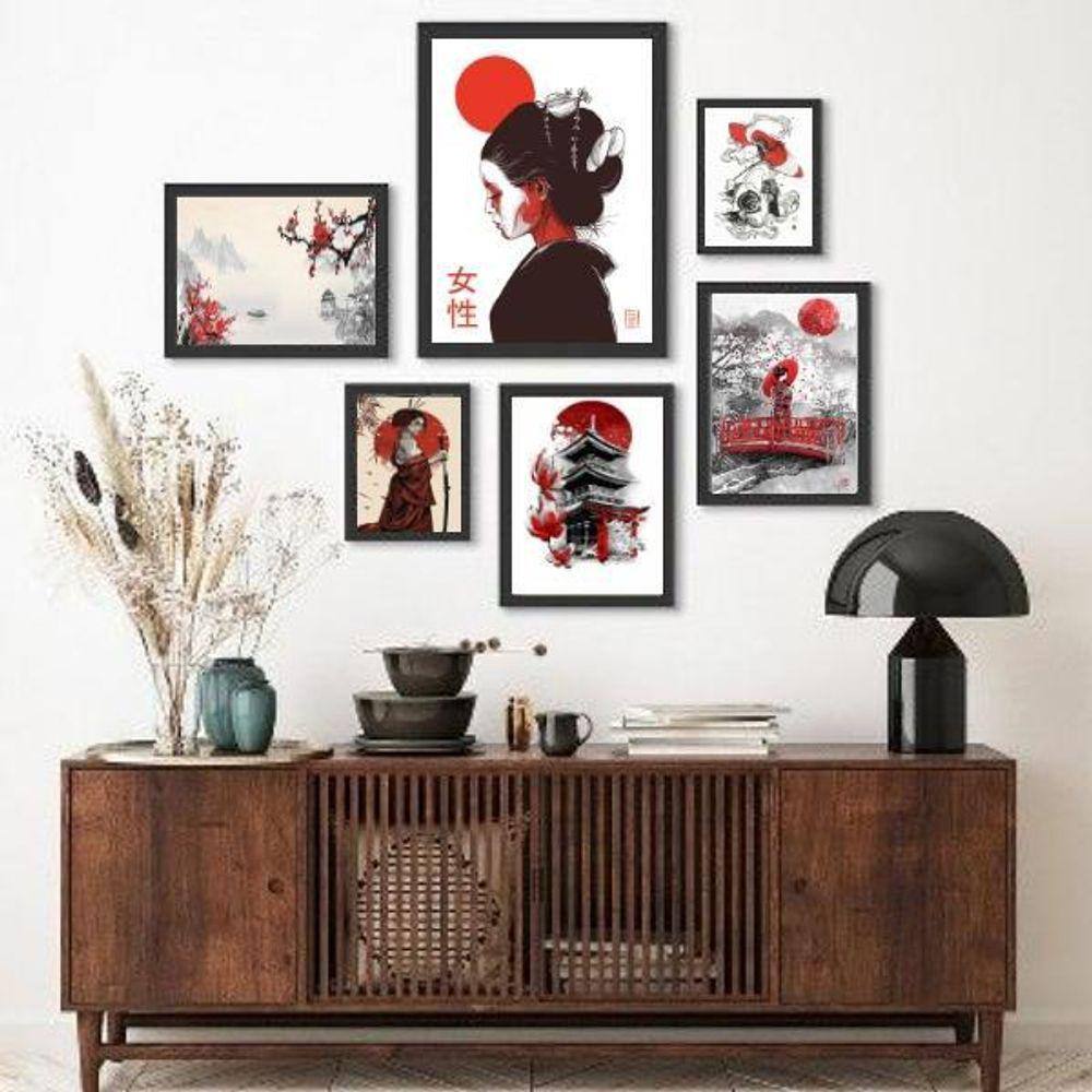 Kit 6 Quadros Arte Oriental - Vidro e Madeira Branca