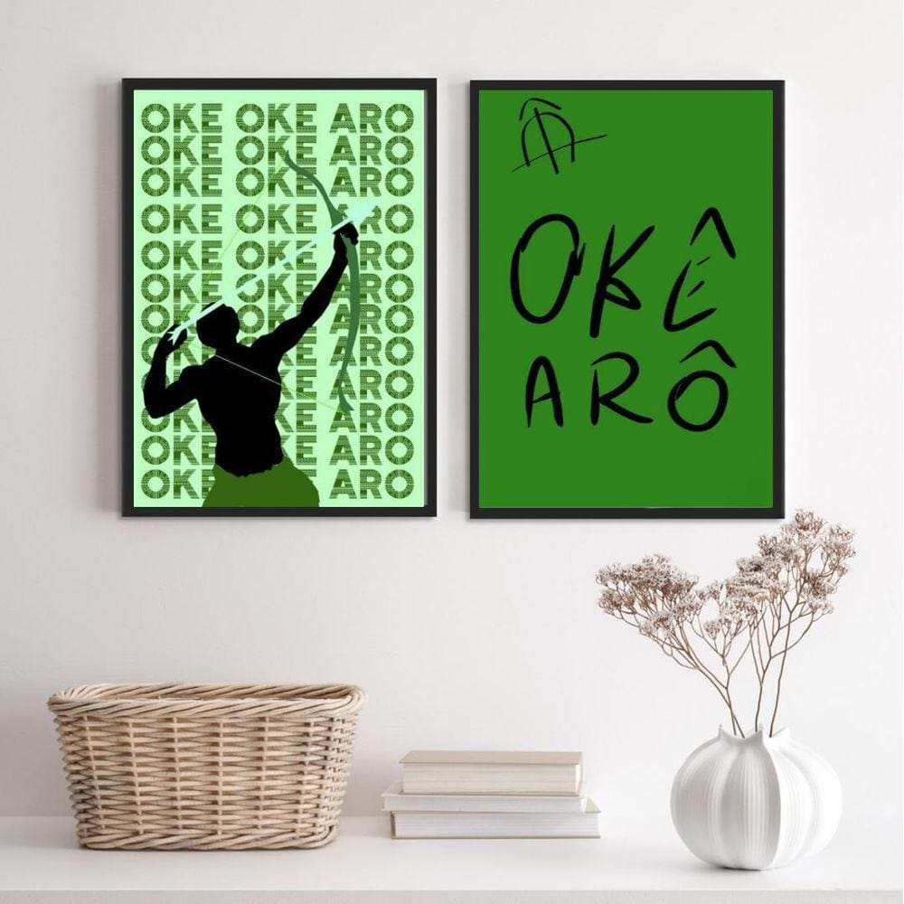 Quadros Oxóssi Okê Arô 24x18cm - Vidro, Moldura Branca