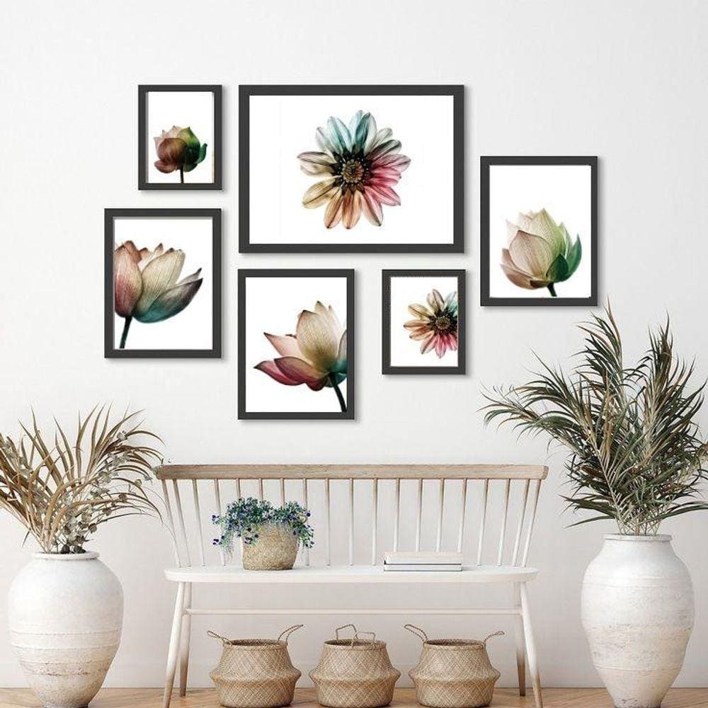 Kit 6 Quadros Florais Minimalistas - Madeira Branca