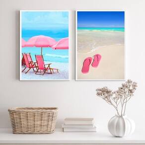 Kit 2 Quadros Praia Azul e Rosa 33x24cm - Moldura Branca