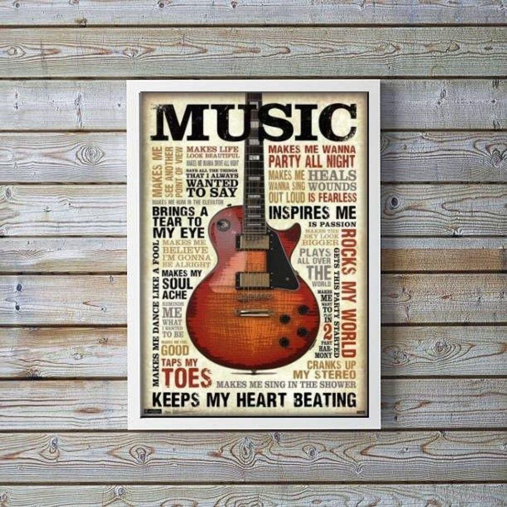 Quadro Decorativo Guitarra Music Marrom 24x18cm com Vidro
