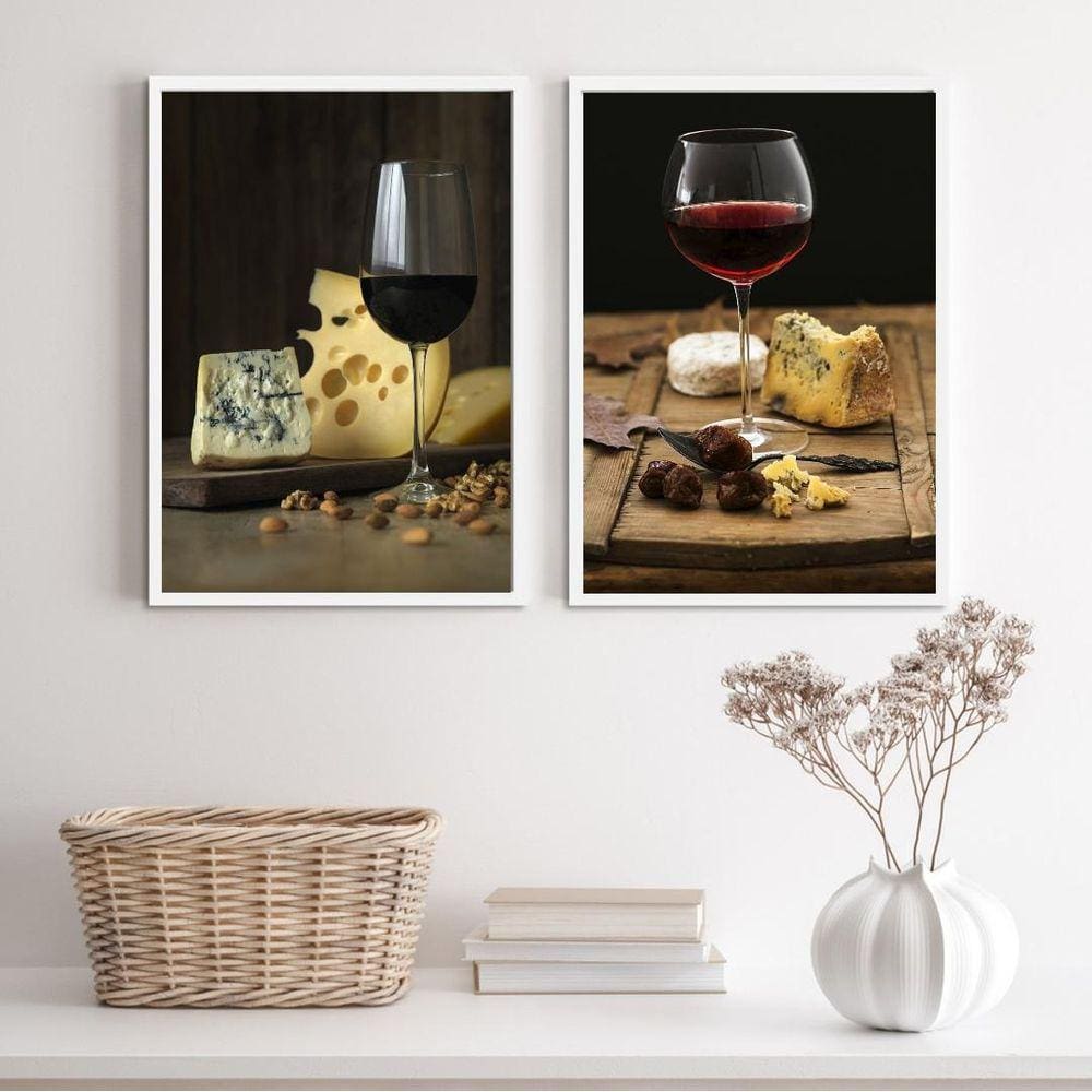 Quadros Fotografias Rústicas Queijos e Vinhos - 33x24cm