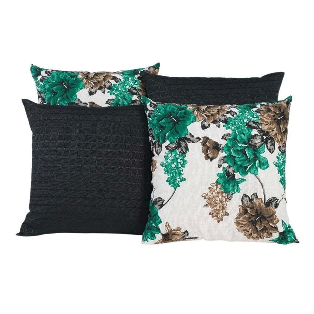 Kit 4 Capas De Almofadas Preto Com Flores Verde Marinho