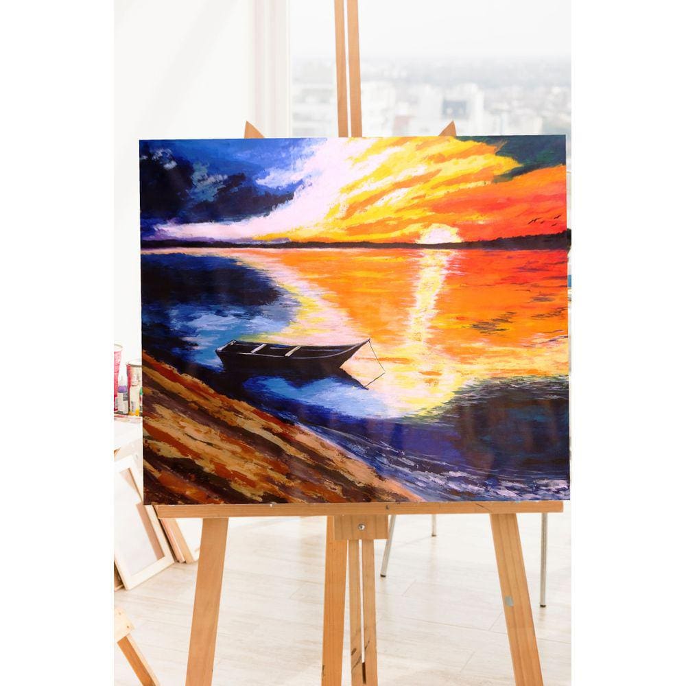 Lindo Quadro Decorativo Pintado a Mão para Decoração de Barquinho Ao por do Sol medindo 79x91cm