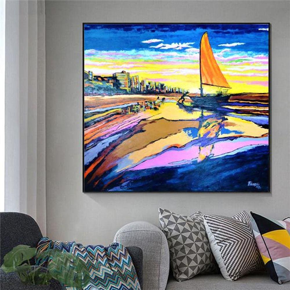 Quadro Pintado a Mão em Acrílico Decorativo Pescador Levando Jangada Ao Mar Medindo 79x91cm