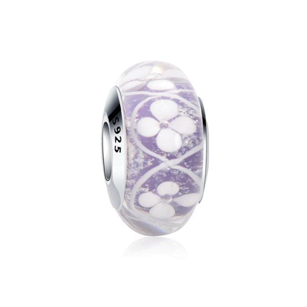 Berloque Estilo Murano Roxo Com Flores