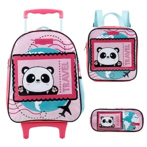 Kit Mochila Rodinhas Lancheira Estojo Xeryus Panda Rosa
