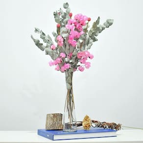 Arranjo de flores desidratadas bounganville rosa + vaso de vidro