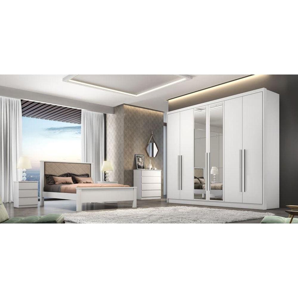 Guarda Roupa Casal Com Espelho 6 Portas 6 Gavetas - Livorno-Branco - Móveis Novo Horizonte