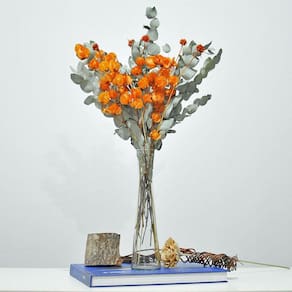Arranjo de flores desidratadas bounganville laranja + vaso de vidro