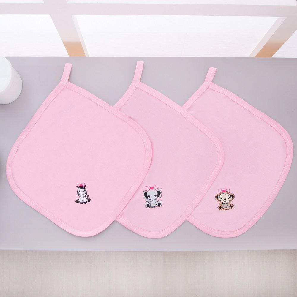 Kit 3 Fraldas Pano De Boca Malha Para Bebê Safari Rosa