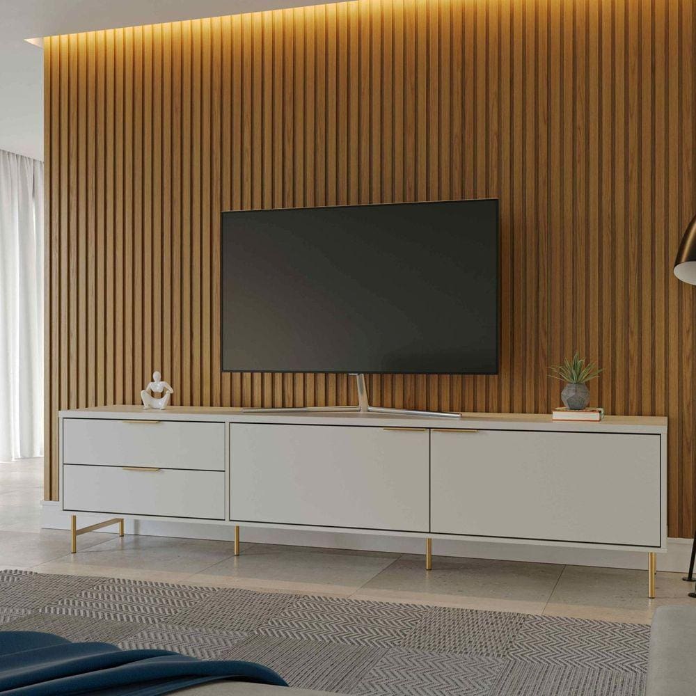 Rack para Tv até 75 Polegadas 2 Gavetas e Pés Metalizados em Aço Carbono Yves 2.2 Off White/Dourado