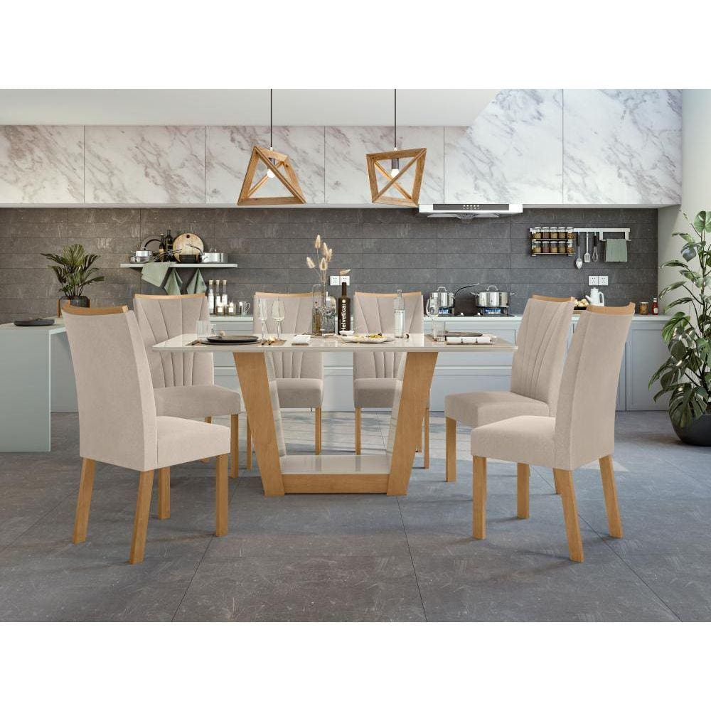 Mesa 1,70 Apogeu Com Vidro e 6 Cadeiras Apogeu Amendoa Clean/Off White