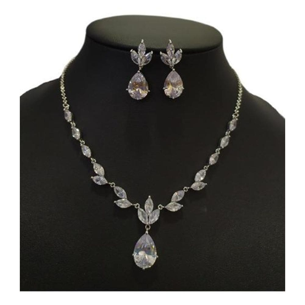 Conjunto Colar e Brinco Banhado a Ródio com Zircônia