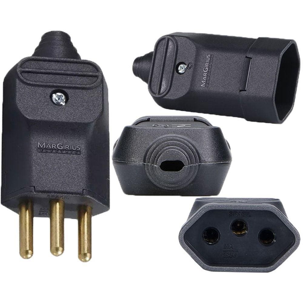 5 Plug Macho 3 Pinos 10a + 5 Tomada Fêmea 20a Prensa Cabos Preto Margirius