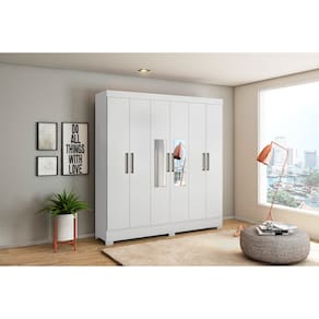 Guarda Roupa Casal 6 Portas Prático c/ Espelho 63020EL Branco Demóbile - LBMSHOP