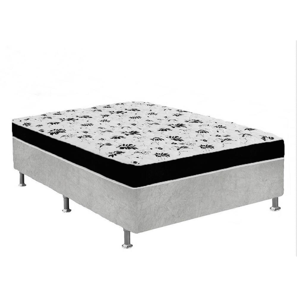 Cama Box Casal Suede Cinza + Colchão Casal Suede Preto Orto Molas Bonnel 138x188x55
