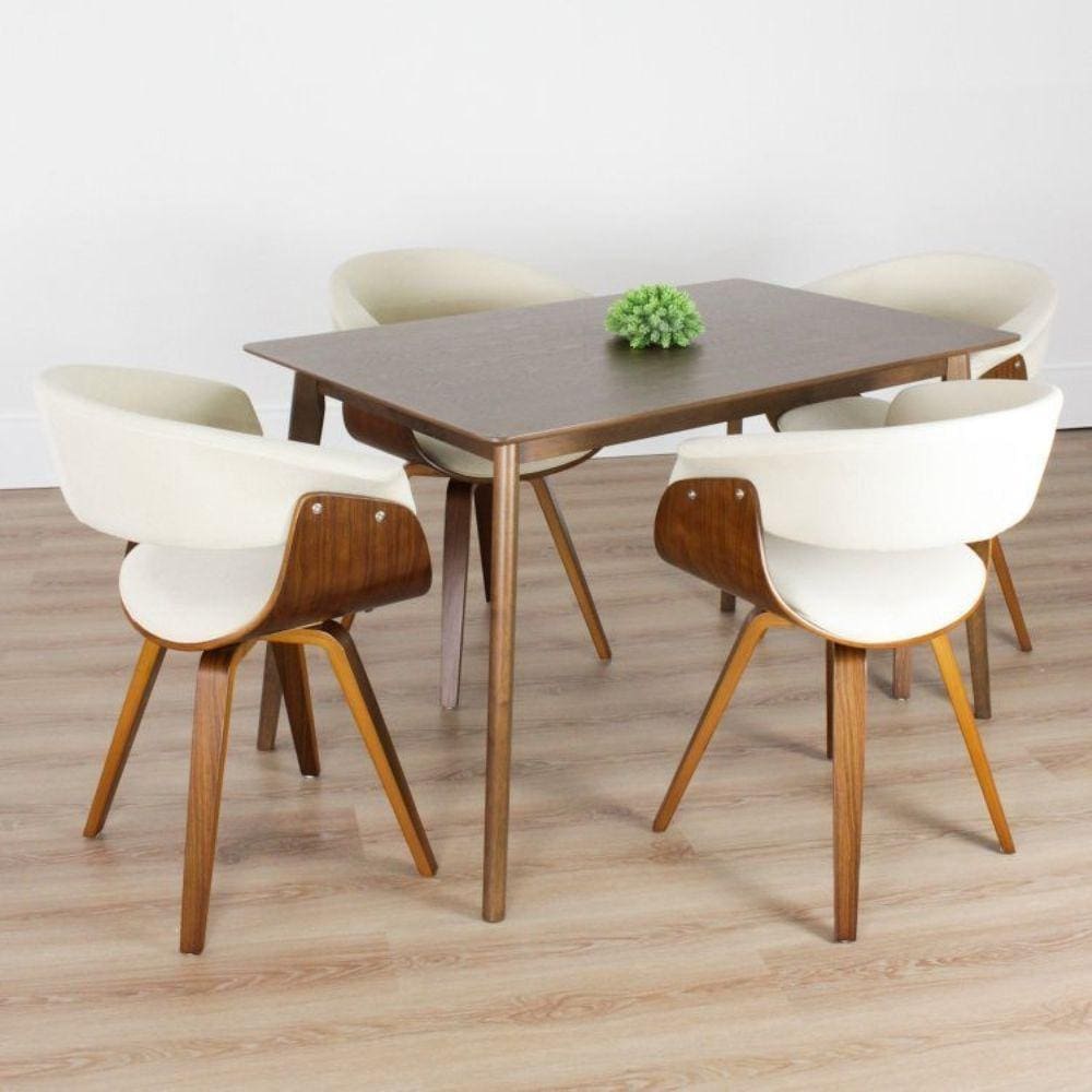 Conjunto Sala de Jantar Mesa Finlândia Nogueira 120x75cm com 4 Cadeiras Betina Linho Rivatti Creme