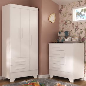 Quarto Infantil Completo Guarda Roupa 3 Portas 2 Gavetas com Cômoda Selene Branco