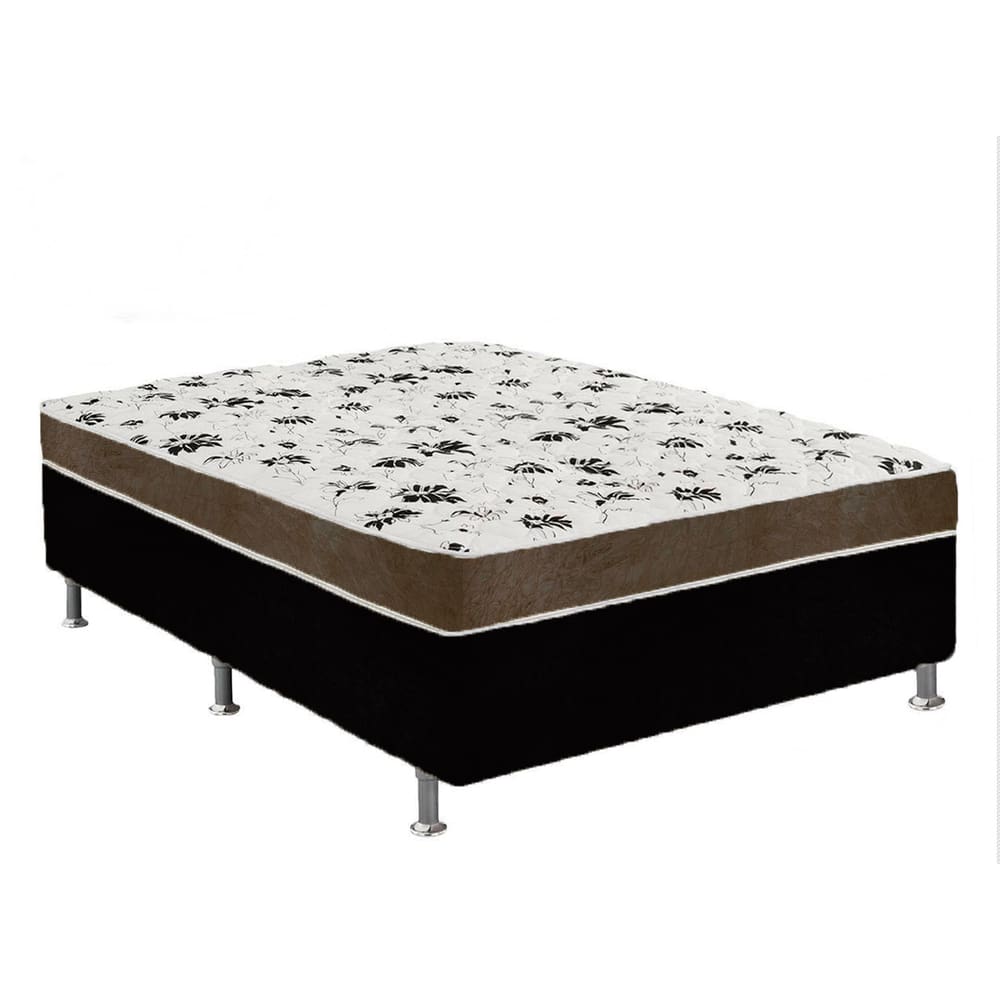 Cama Box Casal Suede Preto + Colchão Casal Suede Marrom Espuma 138x188x55