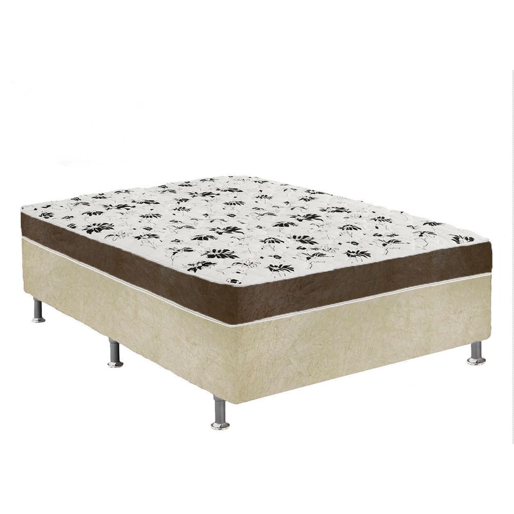 Cama Box Casal Suede Bege + Colchão Casal Suede Marrom Espuma 138x188x55