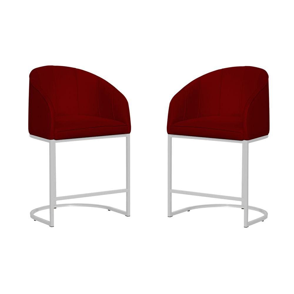 Kit 02 Poltronas Banqueta Mia Estofada Tecido Em Suede Base Metal Branco - Estopar