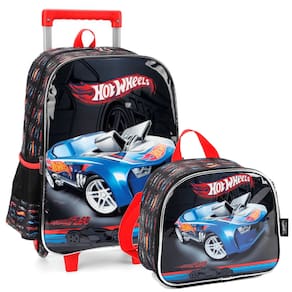 Kit Escolar Mochila de Rodinhas e Lancheira Preta Hot Wheels