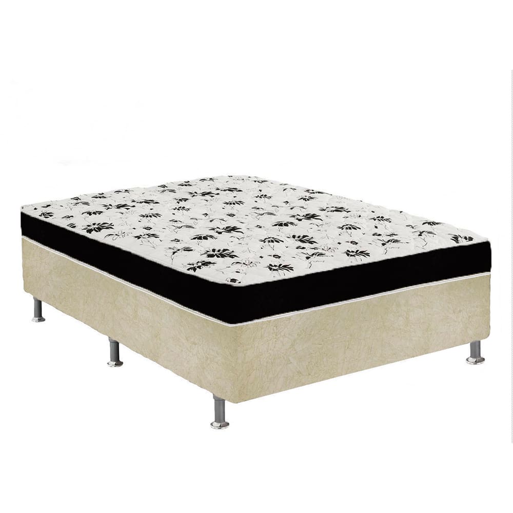 Cama Box Casal Suede Bege + Colchão Casal Suede Preto Espuma 138x188x55
