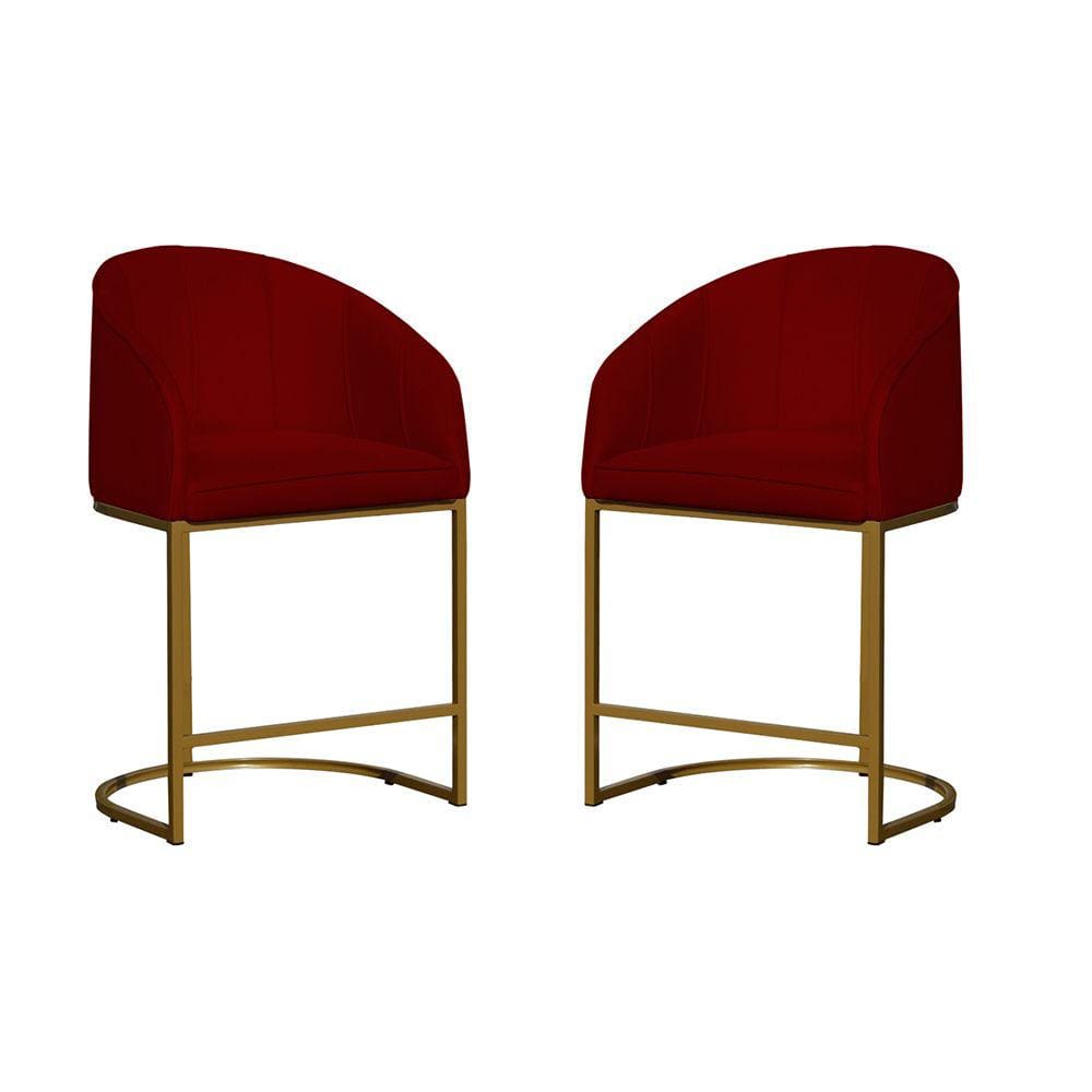 Kit 02 Poltronas Banqueta Mia Decorativa Tecido Suede Base Metal Dourada - Estopar