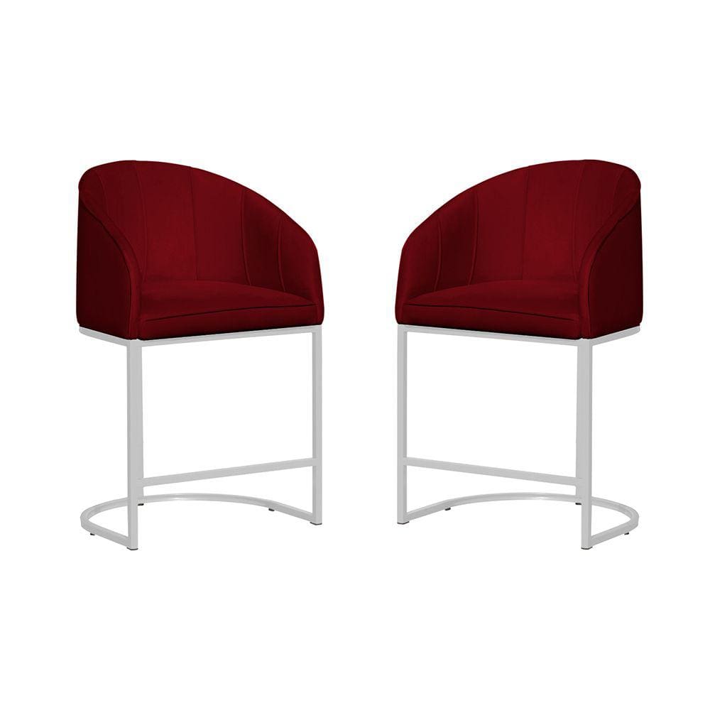 Kit 02 Poltronas Banqueta Decorativa Estofada Tecido Veludo Base Metal Branco - Estopar