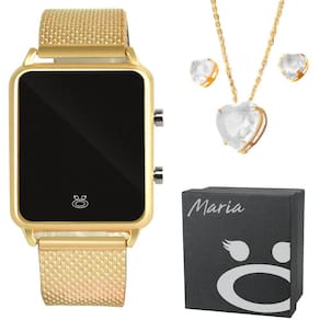 Kit relogio feminino digital led dourado silicone colar