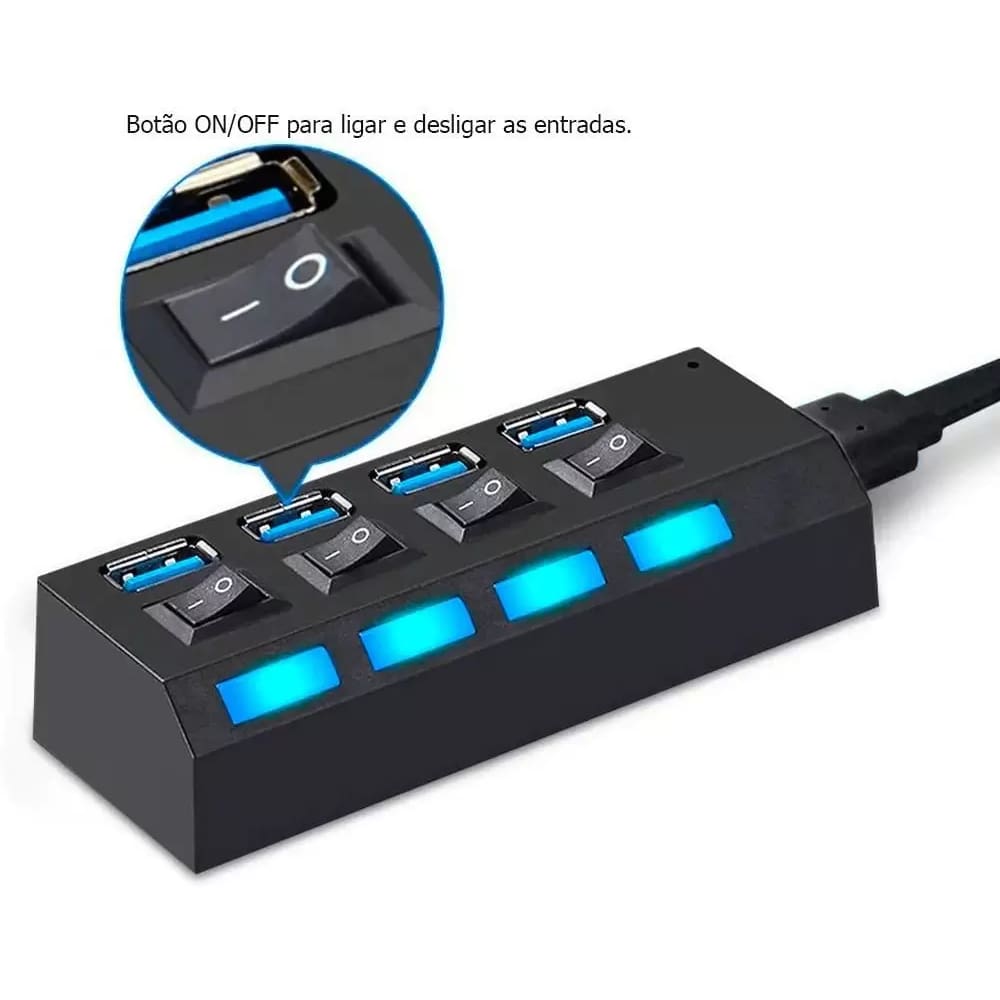 Hub Usb com Switch e Led Indicador 4 portas Mini Extensor para Pc Notebook