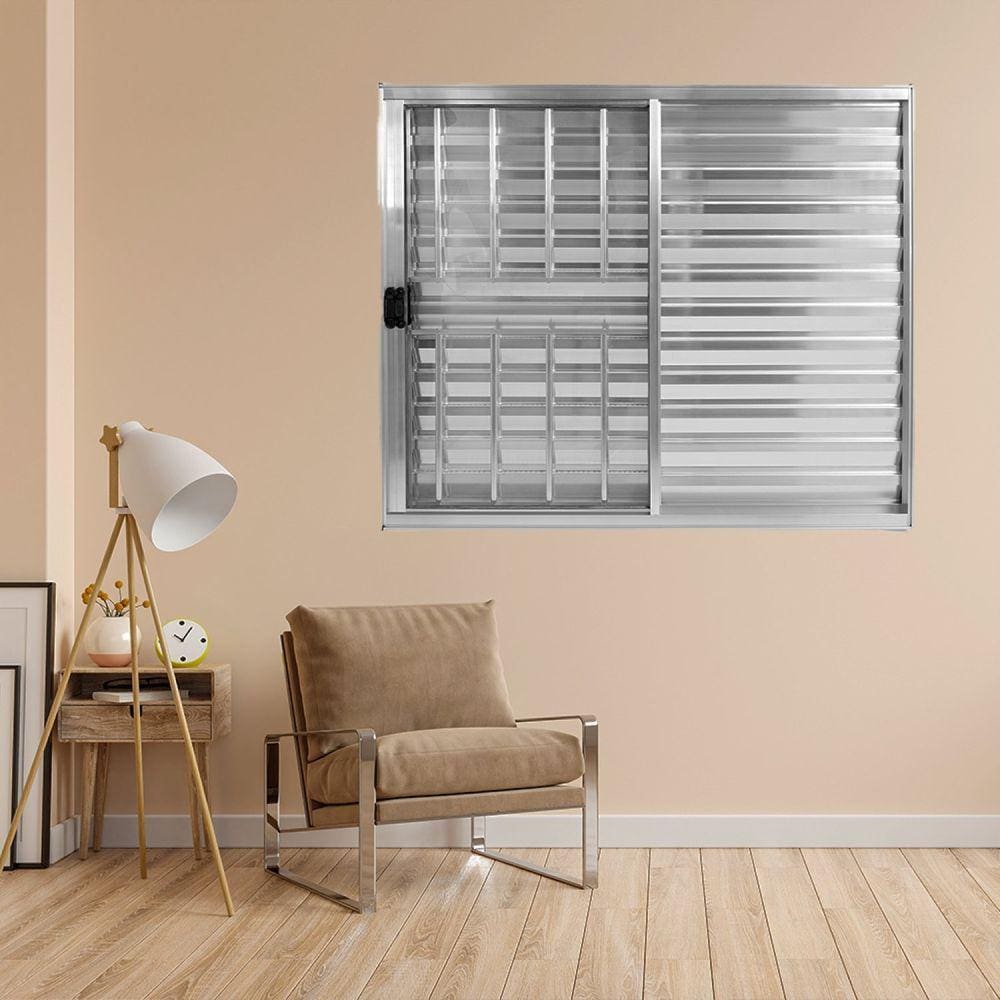 Janela Alumínio Veneziana 3 Folhas 120x120cm Com Grade Marroml Brilhante Plus Lux Esquadrias Branco