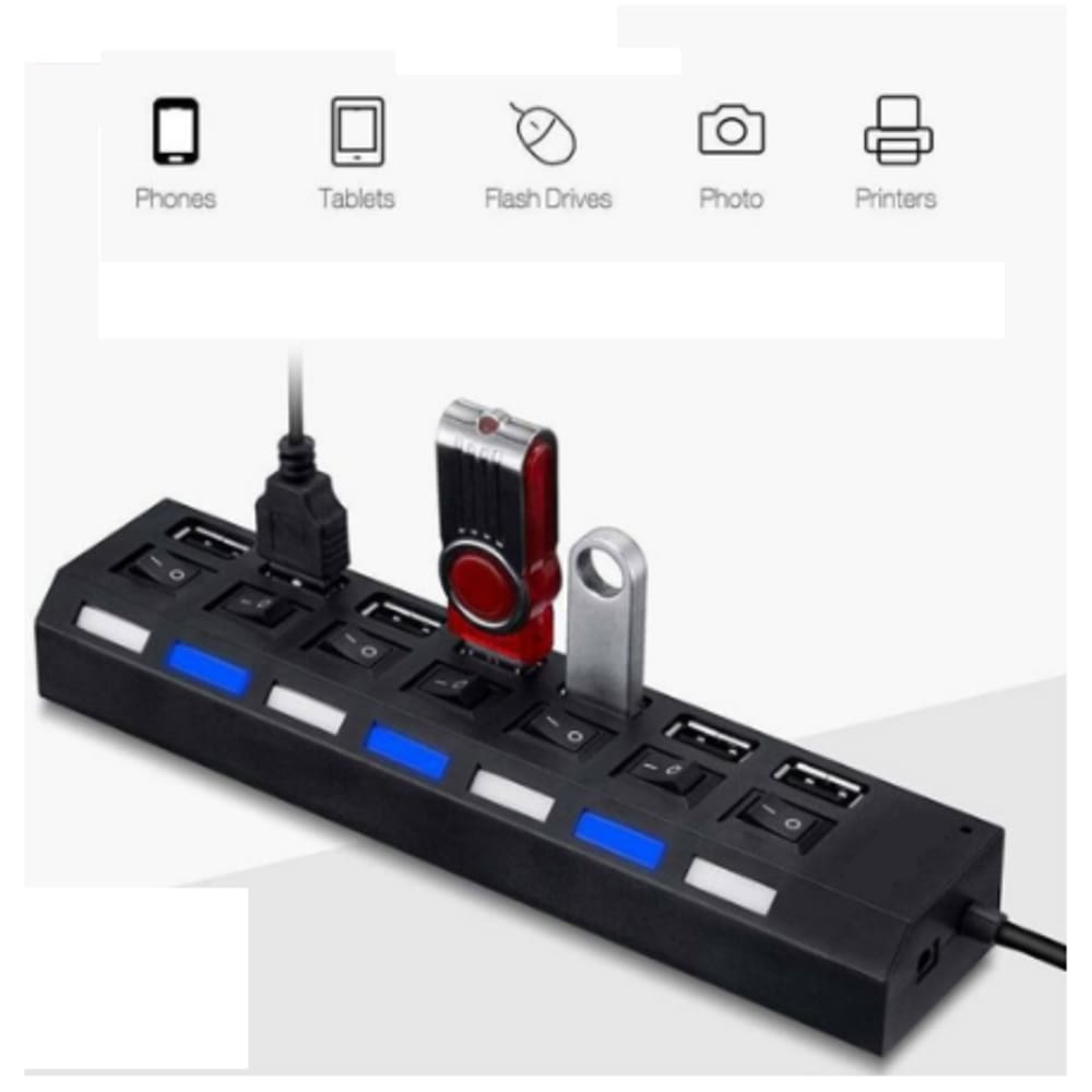 Conector Usb 2.0 Hub Mini Extensor 7 portas Plug and Play para Pc Notebook com Switch e Led Indicador
