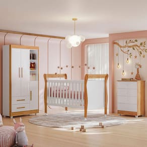 Quarto de Bebê Completo Zara 100% Mdf 3 Portas 6 Gavetas Branco/Amadeirado 5428 - Tigus Baby