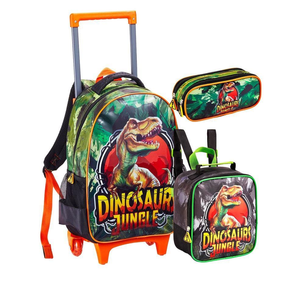 Kit Dino Mochila Rodas + Lancheira + Estojo 40x29x13cm