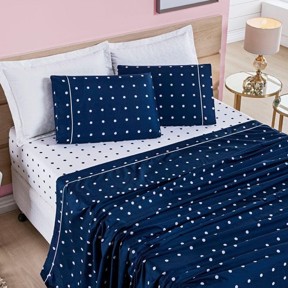 Jogo Cama Lençol Meggy Poá King Bolinhas Micropercal 200 Fios 4 Peças - Azul Marinho