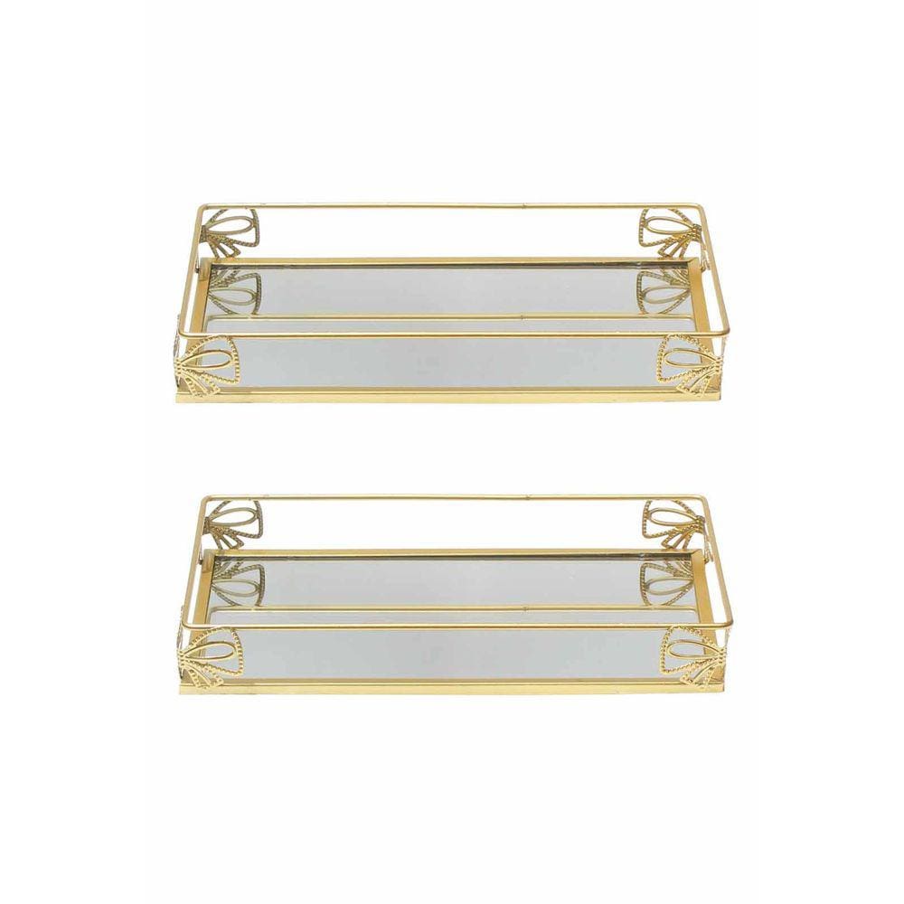 Kit 2 Bandeja Metal Espelho Lavabo Banheiro 27x16cm Dourado
