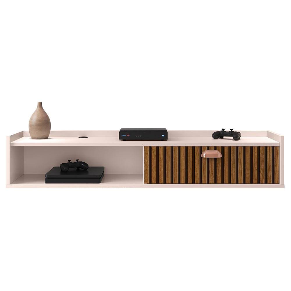 Rack Suspenso Tv 1.20 Home Decor 1 Portas Puxador Concha Nicho Decorativo Organizador Sala Quarto - Off White/Ripado - RPM Móveis