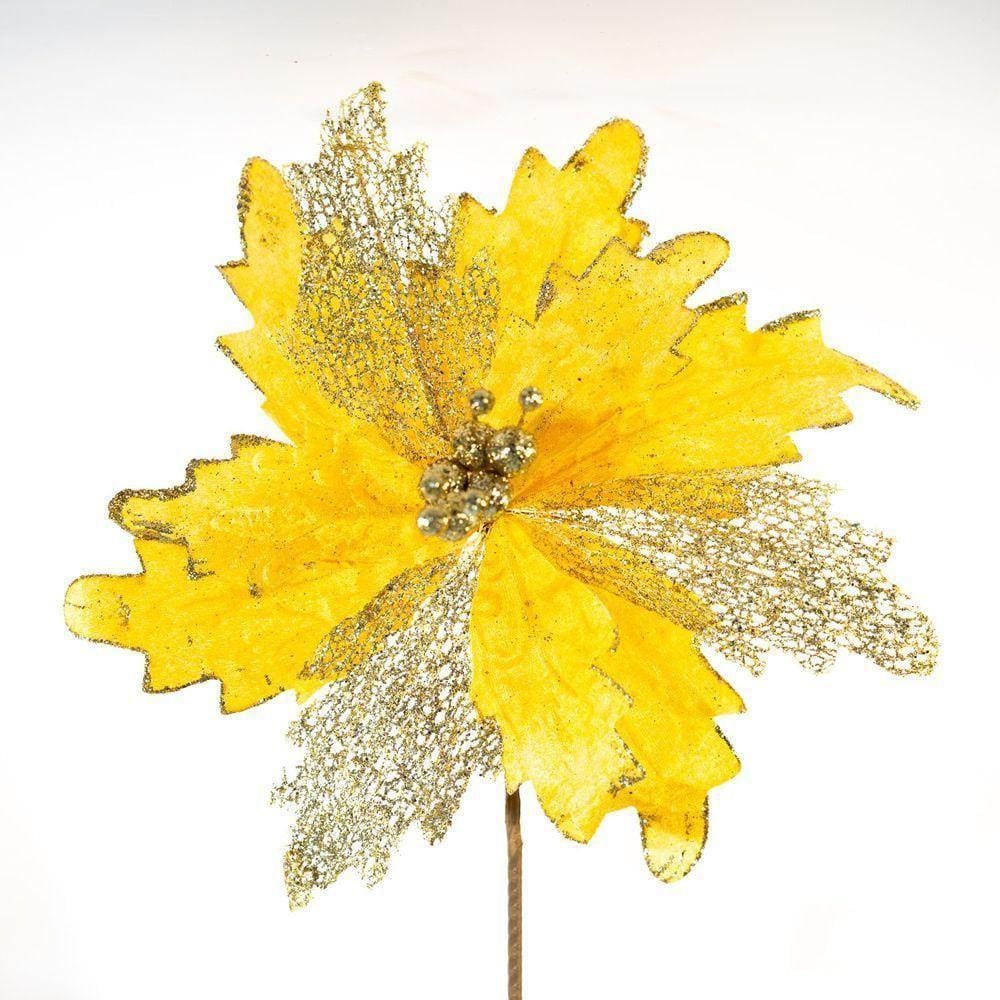 Flor Decoração De Natal Artificial Brilho Amarela 30cm