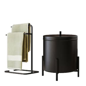 Kit Porta Toalha Duplo e Lixeira Para Banheiro Level Preto