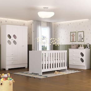 Quarto de Bebê Completo Guarda Roupa 4 Portas 3 Gavetas com Cômoda e Berço Hera Branco Branco
