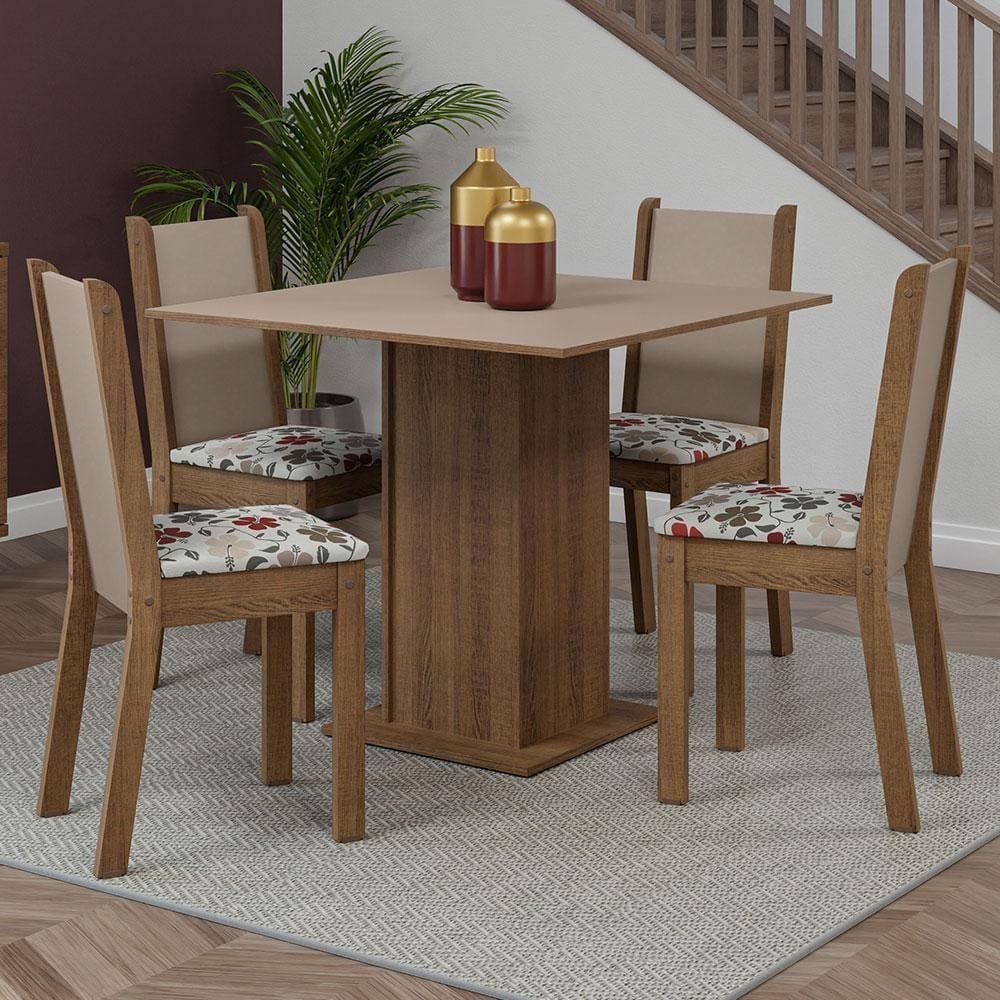 Conjunto Sala De Jantar Mesa Tampo De Madeira 4 Cadeiras Rustic/crema/ Hibiscos Briana Madesa Rustic/crema/hibiscos