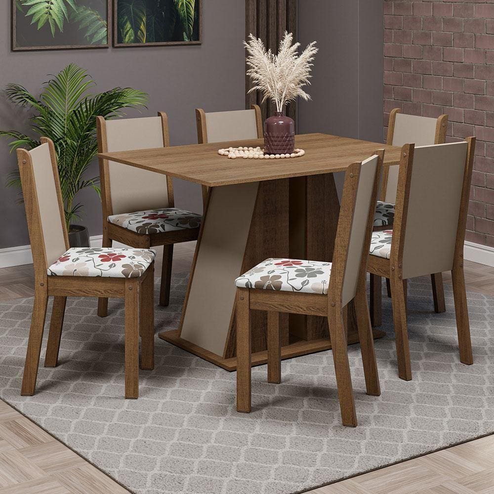 Conjunto Sala De Jantar Mesa Tampo De Madeira 6 Cadeiras Rustic/crema/hibiscos Wendy Madesa Rustic/crema/hibiscos