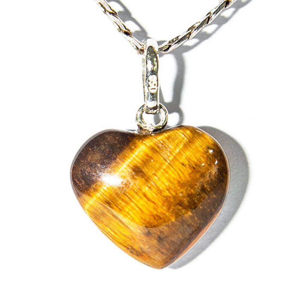 Colar Mini Coração Olho de Tigre Natural 15mm Pino Prata 950