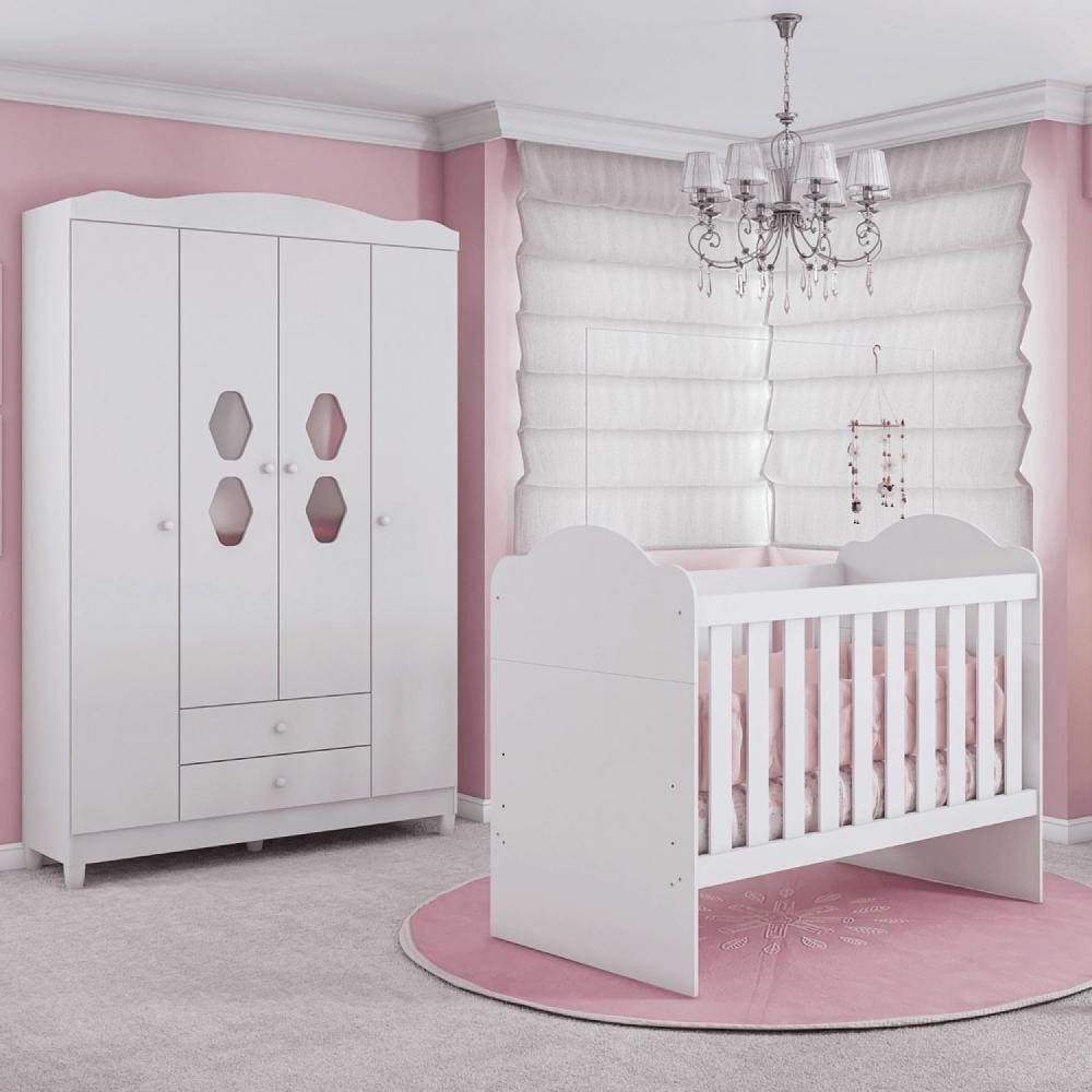 Conjunto Quarto Infantil Berço Yupi e Guarda-Roupa 4 Portas Lolly Branco