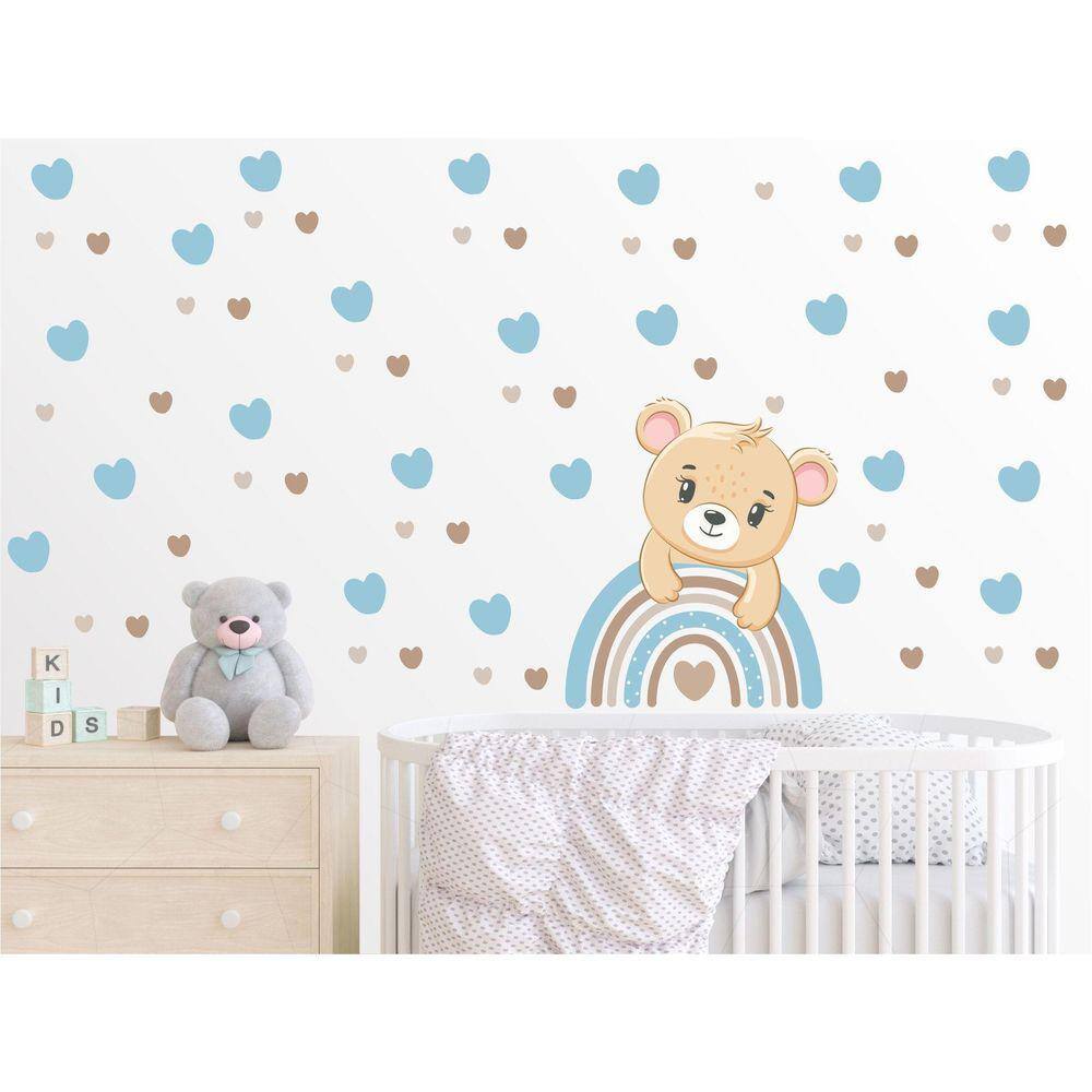 Adesivo De Parede Ursinho Cute No Arco Iris E Corações